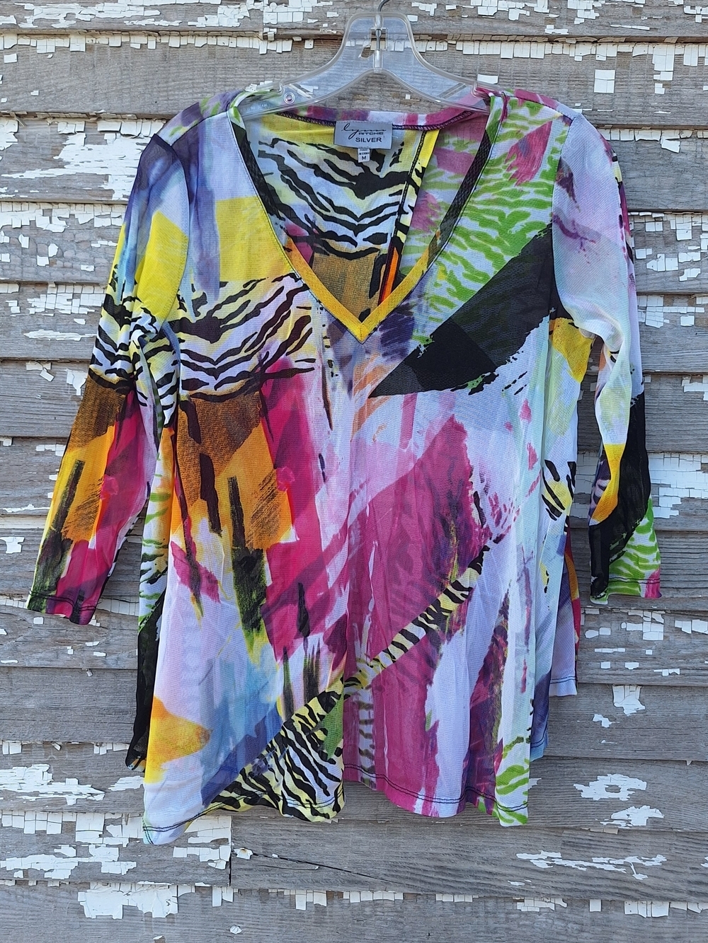 Lynn Ritchie Silver V-Neck Abstract Multi-Color Print Blouse Size Medium